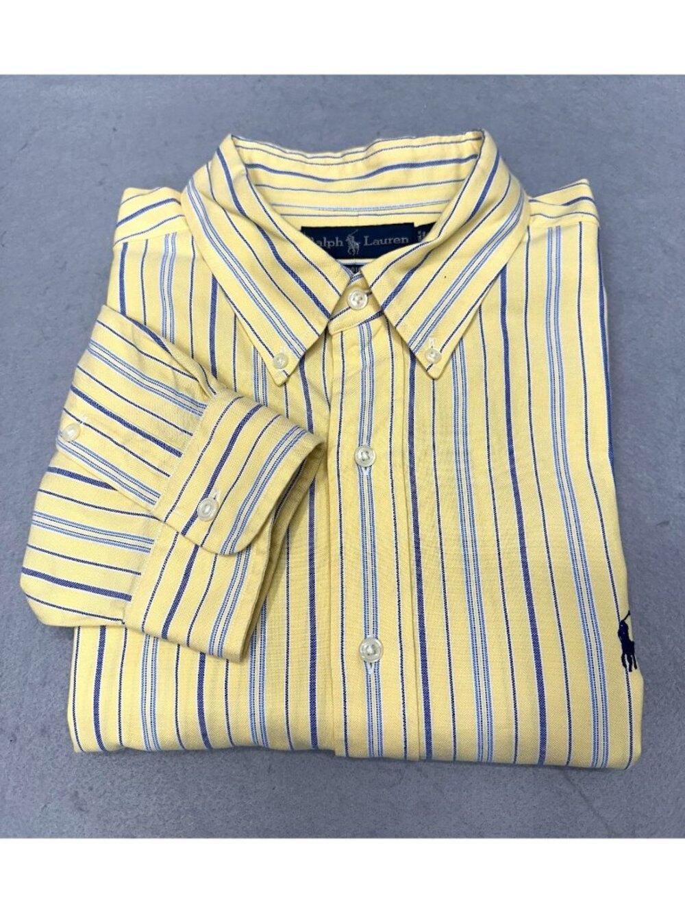 Ralph Lauren Classic Fit Shirt Mens 18x34/35 Long Sleeve Yellow Blue Striped